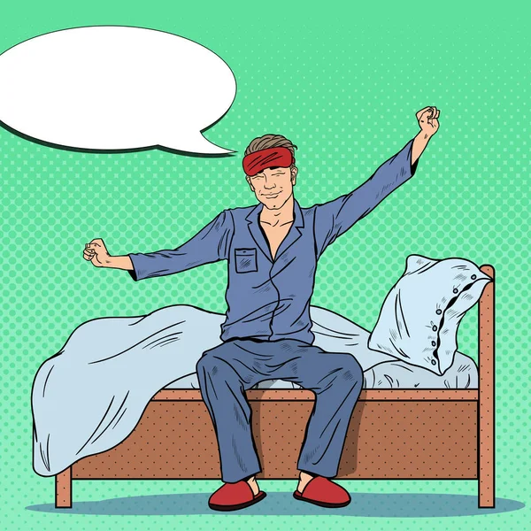 Pop Art lycklig Man Stretching på sängen efter uppvaknandet. Vektorillustration — Stock vektor