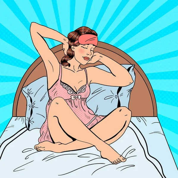 Pop Art schöne Frau stolziert nach dem Aufwachen im Bett. Vektorillustration — Stockvektor