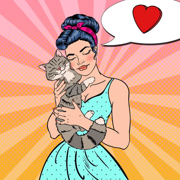 Pop Art Jovem Mulher Bonita Abraçando Gato. Ilustração vetorial — Vetor de Stock