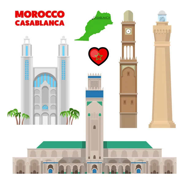 Σετ ταξιδίου: Καζαμπλάνκα Μαρόκο με την αρχιτεκτονική και τη σημαία. Εικονογράφηση διάνυσμα — Διανυσματικό Αρχείο