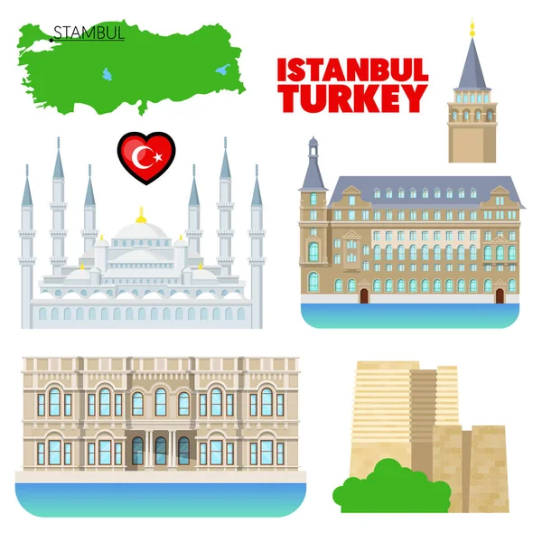 Türkiye'de Istanbul seyahat seti mimarisi ve bayrak. Vektör doodle — Stok Vektör