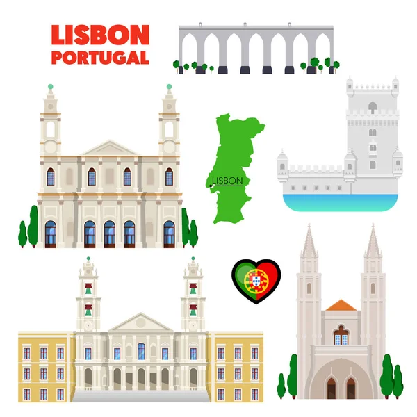 Portugal Lisboa Travel Set com Arquitetura e Bandeira. Doodle vetorial — Vetor de Stock