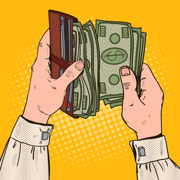 Pop Art homem de negócios mãos segurando carteira com dinheiro. Ilustração vetorial —  Vetores de Stock