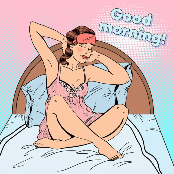 Arte pop hermosa mujer estrangulándose después de despertar en la cama. Ilustración vectorial — Vector de stock