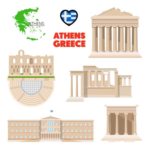 Řecko Atény cestovní sada s architekturou a vlajka. Vektorové ilustrace — Stockový vektor