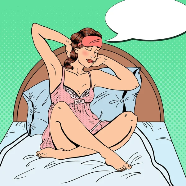 Arte pop hermosa mujer estrangulándose después de despertar en la cama. Ilustración vectorial — Vector de stock