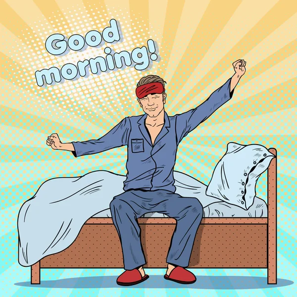 Pop Art Hombre feliz estirándose en la cama después de despertar — Vector de stock