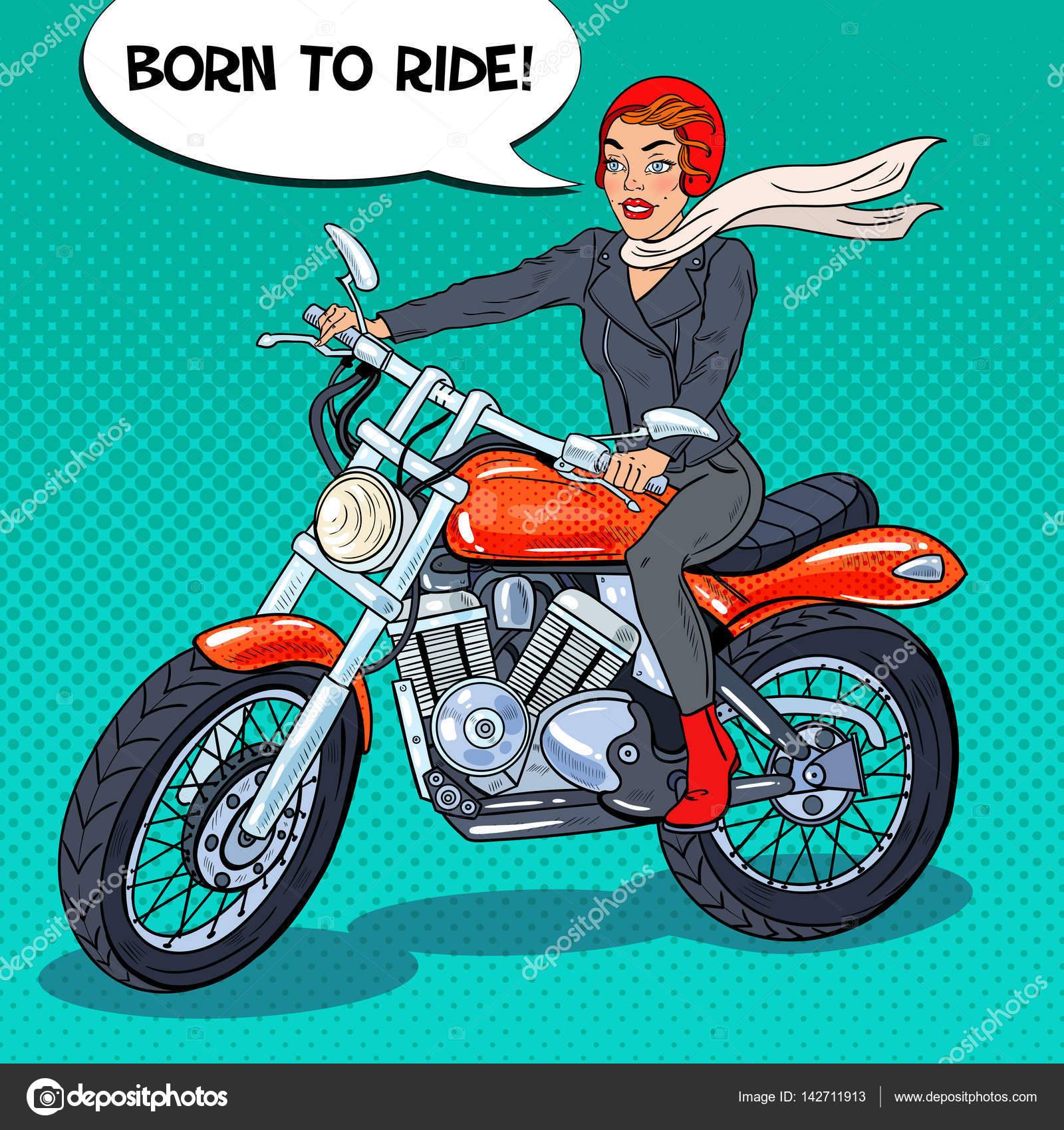 Download Pop Art Biker Woman in Helmet Riding a Motorcycle. Vector ...