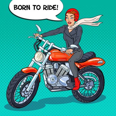 Pop Art motorcu kadın kask bir motosiklet binme. Vektör çizim