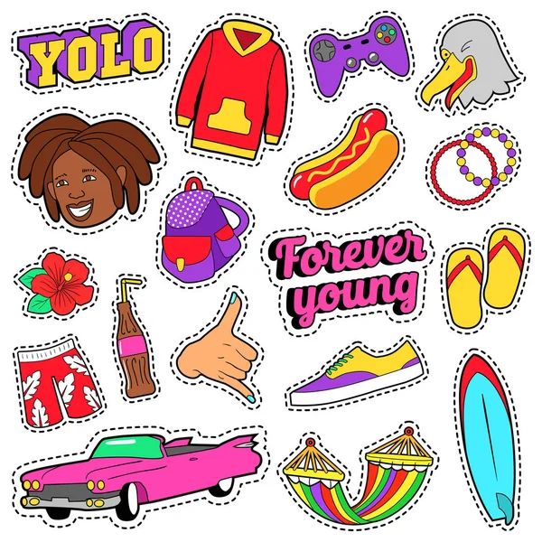 Set de moda para adolescentes con coche rosa, comida rápida y ropa colorida para pegatinas, insignias. Garabato vectorial — Archivo Imágenes Vectoriales