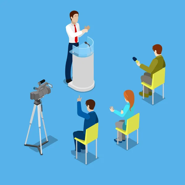 Isometric Mass Media Concept with Reporters and Conference Room. Vector illustration — Stock Vector