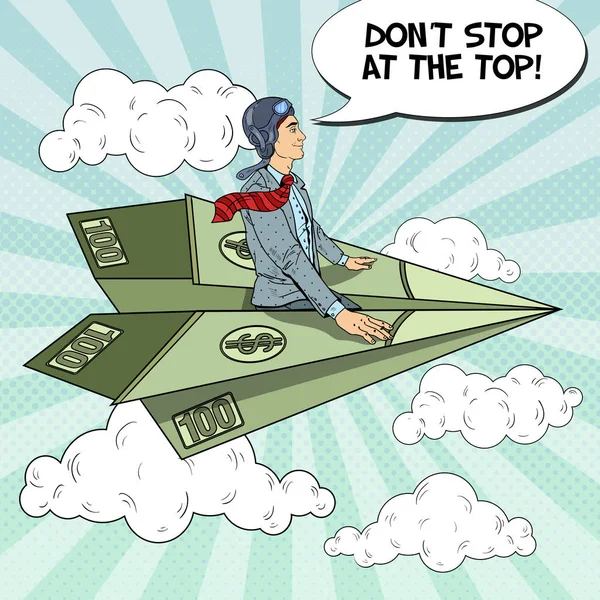 Успешный бизнесмен, летающий на бумажном самолете "Доллар". Векторная иллюстрация — стоковый вектор