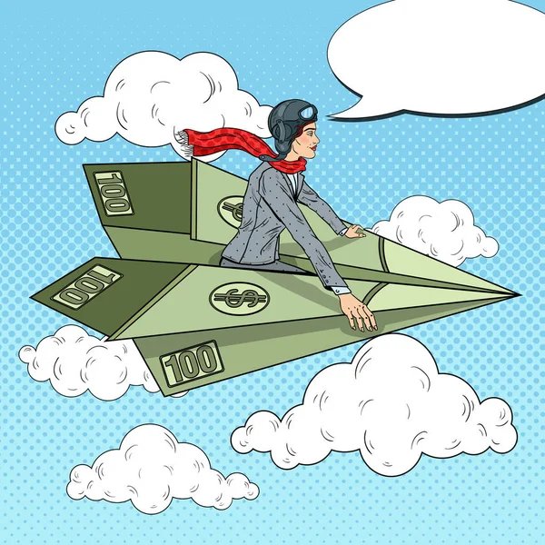 Pop Art bem sucedida mulher de negócios voando no avião de papel dólar. Ilustração vetorial —  Vetores de Stock