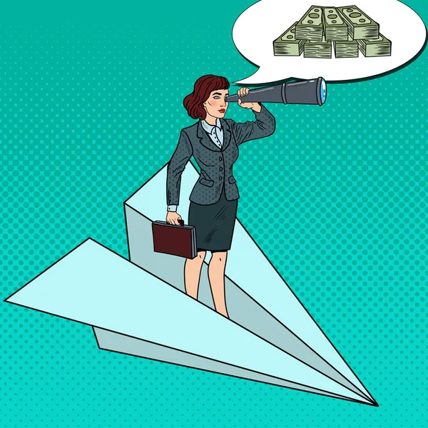Popart vertrouwen zakenvrouw vliegen op papier vliegtuig met Spyglass. Vectorillustratie — Stockvector