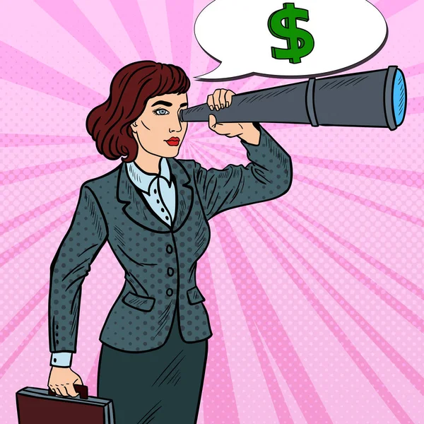 Pop Art säker Business kvinna som tittar i Spyglass söka pengar. Vektorillustration — Stock vektor
