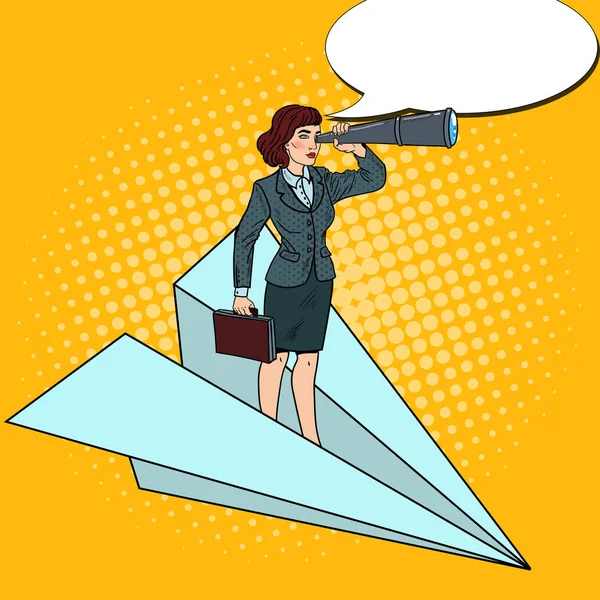 Pop Art Confident Business Woman Flying on Paper Plane with Spyglass. Vector illustration — Stock Vector