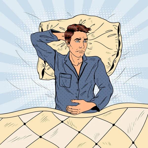 Pop Art Man in Bed Sufriendo Insomnio e Insomnio. Ilustración vectorial — Vector de stock