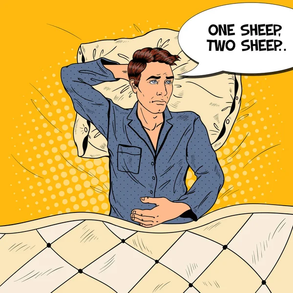 Pop Art Uomo a letto che soffre di insonnia e insonnia. Illustrazione vettoriale — Vettoriale Stock