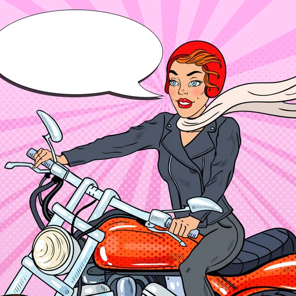 Pop Art Biker nainen kypärä Ratsastus moottoripyörä. Vektoriesimerkki — vektorikuva