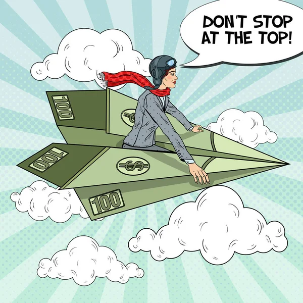 Pop Art bem sucedida mulher de negócios voando no avião de papel dólar. Ilustração vetorial — Vetor de Stock