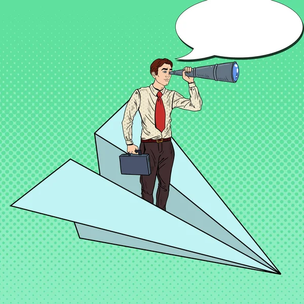 Pop Art Empresario Flying Paper Plane y Looking in Spyglass. Ilustración vectorial — Vector de stock