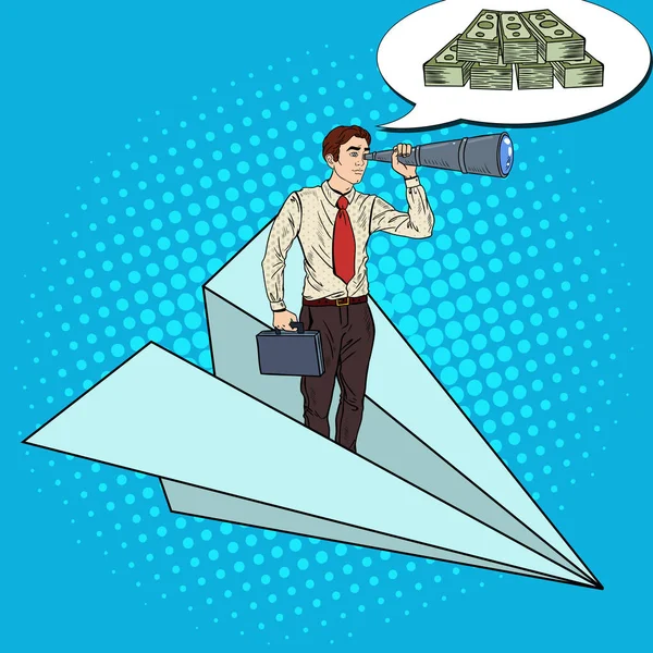 Pop Art Empresario Flying Paper Plane y Buscando Dinero en Spyglass. Ilustración vectorial — Archivo Imágenes Vectoriales