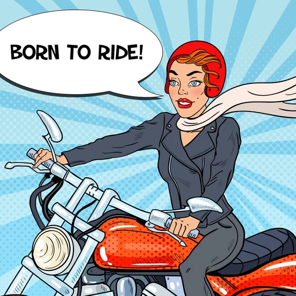 Поп-арт Байкер жінка в шоломі їде на мотоциклі. Векторні ілюстрації — стоковий вектор