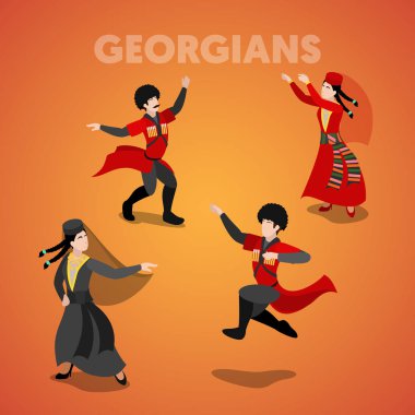 Isometric Georgian Dancing People in Traditional Clothes. Vector 3d flat illustration
