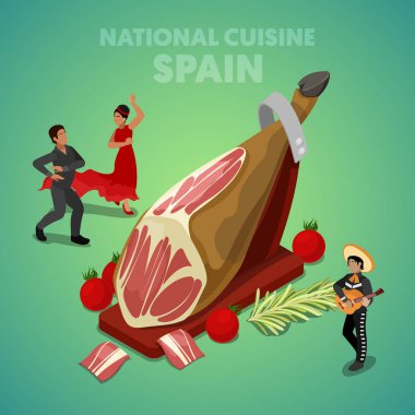 Isometric Spain National Cuisine with Jamon and Spanish People in Traditional Clothes. Vector 3d flat illustration clipart