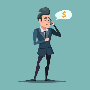 Başparmak ile telefonda konuşurken iş adamı. Yapma para kavramı. Vektör çizim