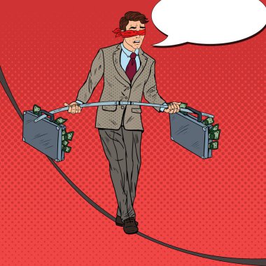 Pop Art ip iki para evrak çantası ile yürürken iş adamı korkuttu. Yatırım riski. Vektör çizim