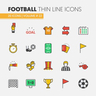 Top ve spor öğeleri ile futbol futbol doğrusal ince çizgi vektör Icons Set