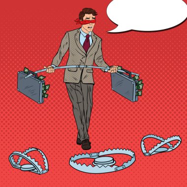 Pop sanat iş adamı ile para tuzakları üzerinde yürüme gözleri. Yatırım riski. Vektör çizim