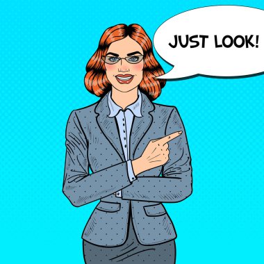 Pop sanat iş kadını kopya alanı üzerinde parmak işaret. Vektör çizim