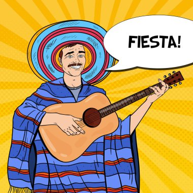 Mariachi panço ve Sombrero gitar ile gülümseyen sanat pop. Vektör çizim