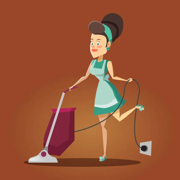 Young Beautiful Housewife Cleaning the House with Vacuum Cleaner. Cleaning Service. Vector illustration — Stock Vector