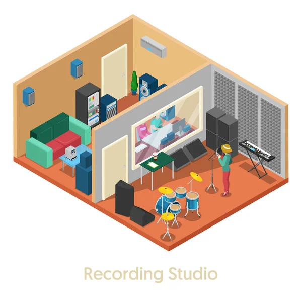 Isomric Music Recording Studio Interno con Singer. Illustrazione piatta vettoriale 3d — Vettoriale Stock