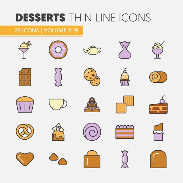 Efterrätter och godis mat linjära tunna vektor ikoner Set med tårta och Cupcake — Stock vektor