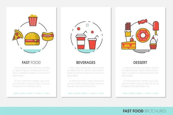 Fast-Food-Broschüren. lineare dünne Linie Vektorsymbole Burger Pizza und Junk Food — Stockvektor