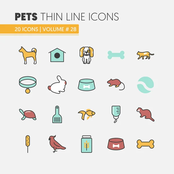 Haustiere lineare dünne Linie Vektor-Symbole mit Hund Katze Vogel und Fisch eingestellt — Stockvektor