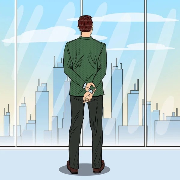 Успешный бизнесмен, смотрящий на город через окно. Векторная иллюстрация — стоковый вектор