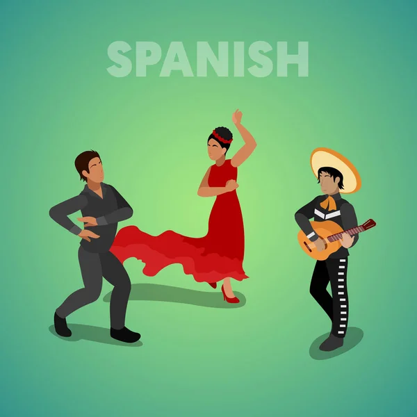 Izometrické španělský tančících lidí v tradičním oblečení. Vektorové ilustrace 3d plochý — Stockový vektor