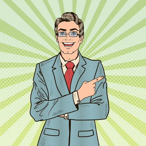 Pop Art Smiling Businessman Pointing Copy Space. Векторная иллюстрация — стоковый вектор