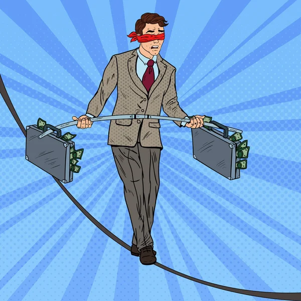 Pop Art Businessman Camminando sulla corda con due valigetta soldi. Rischio di investimento. Illustrazione vettoriale — Vettoriale Stock