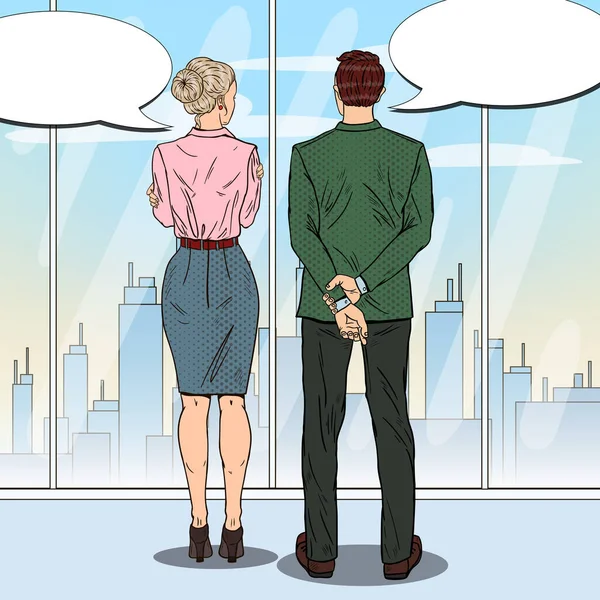 Pop Art Businessman Talking with Business Woman. Vector illustration — Stock Vector