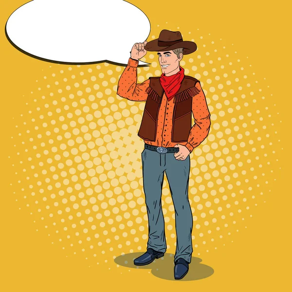 Pop Art Cowboy en sombrero sonriendo con la burbuja del discurso cómico. Wild West Hero. Ilustración vectorial — Vector de stock