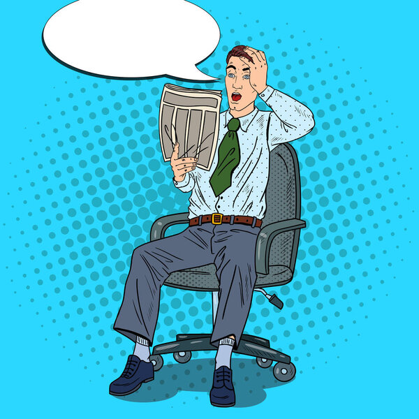 Pop Art Businessman Reading Newspaper and Grabbed His Head. Bad News Shock. Vector illustration