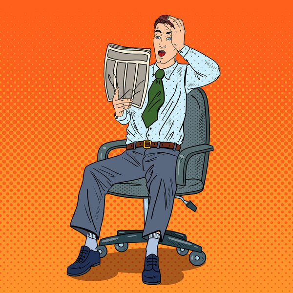 Pop Art Shocked Businessman Reading Newspaper and Grabbed His Head. Vector illustration