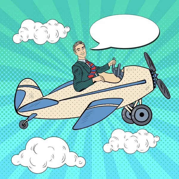流行艺术人骑复古飞机与漫画讲话泡泡。矢量图 — 图库矢量图片