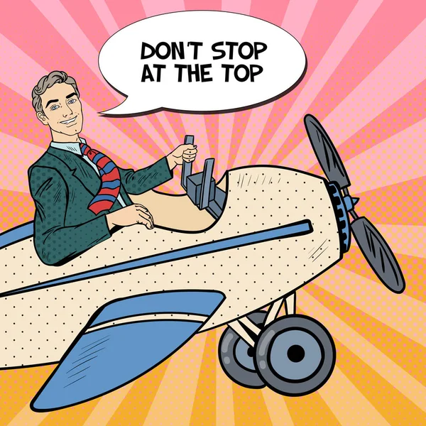 Pop Art επιχείρηση άνθρωπος οδήγηση αεροπλάνο με φούσκα ομιλία του κόμικ. Εικονογράφηση διάνυσμα — Διανυσματικό Αρχείο